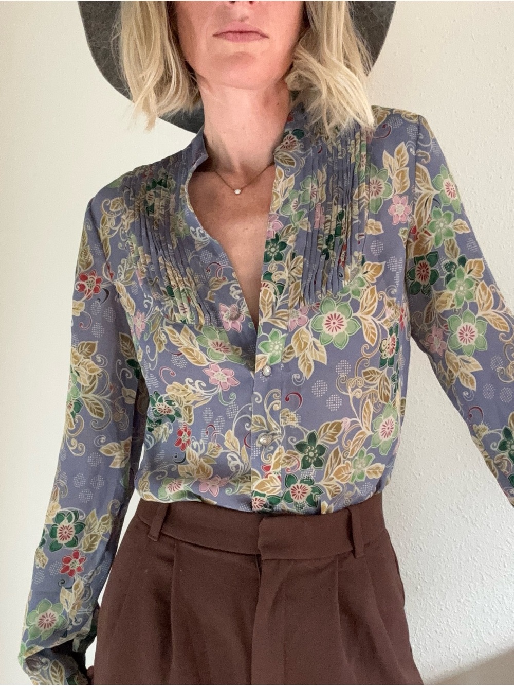 Floral Button Down Sheer Pintuck Bib Top 4 Boho Western Cottage Country Office